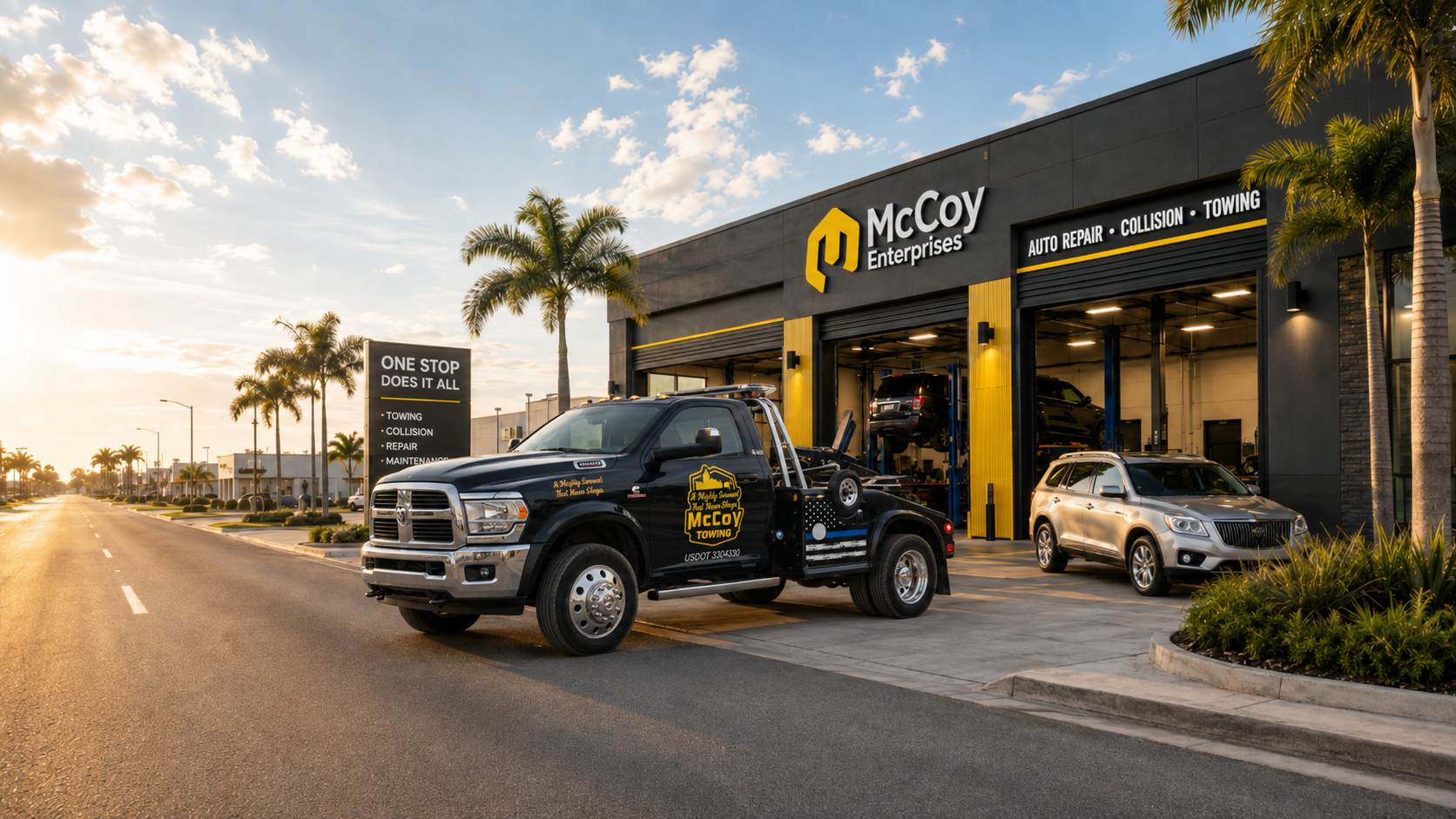 A McCoy Towing wrecker in front of the McCoy Enterprises one-stop shop — towing, collision, repair and maintenance